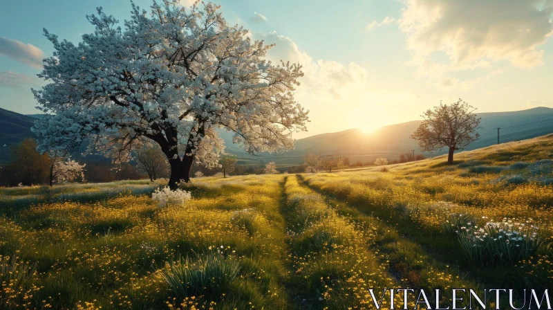 Breathtaking Nature Landscape with Majestic Tree and Blooming Flowers AI Image