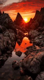 Captivating Nature Photography: Red and Orange Sky with Waves and Rocks