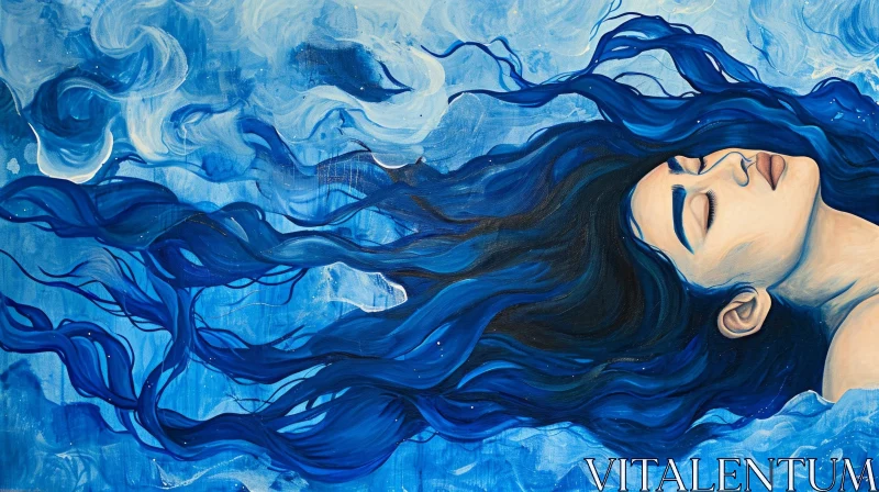 Captivating Painting of a Woman with Flowing Blue Hair AI Image