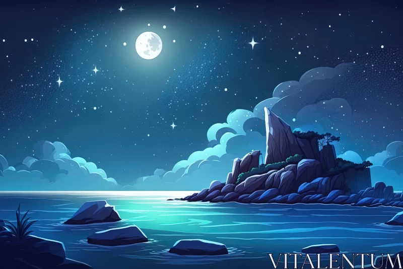 Cartoon Night Scene with Rocks and Water | Romantic Moonlit Seascapes AI Image