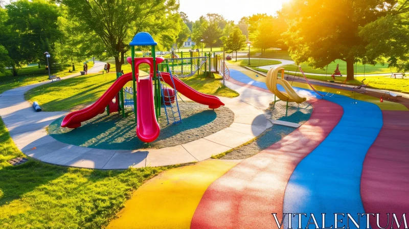 Colorful Playground with Slides, Swings, and Climbing Structures AI Image