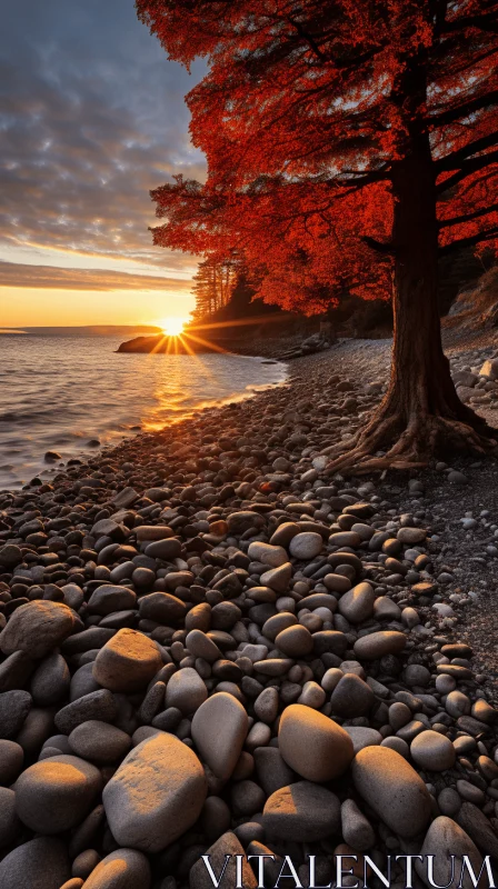 Colorful Tree on Rocky Beach: Captivating Documentary Photo AI Image