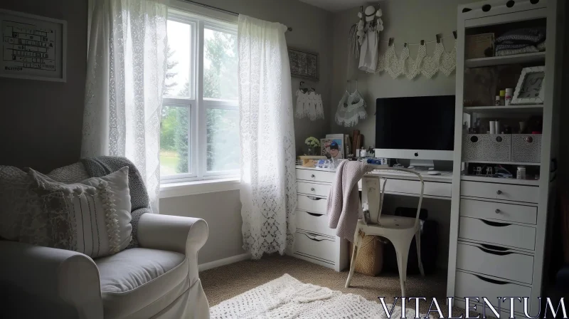 Cozy Shabby Chic Home Office Decor | Whitewashed Brick Fireplace AI Image