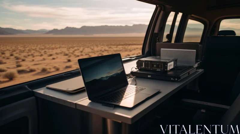 Exploring Technology: Laptop and Video Camera in Car Desert Setting AI Image