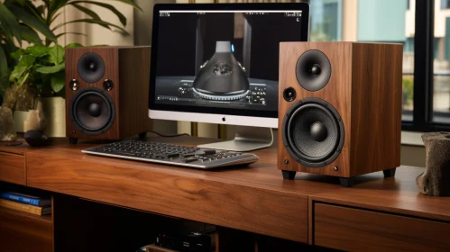 Modern Wooden Desk Setup with iMac Computer and Speakers