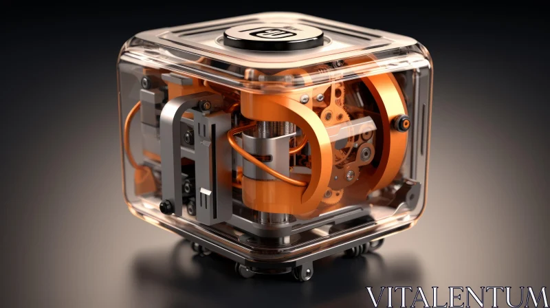 Transparent 3D Cube with Orange Mechanical Parts AI Image