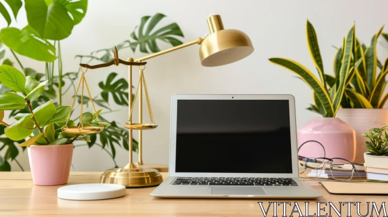 Wooden Desk with Laptop, Lamp, Glasses, and Books AI Image