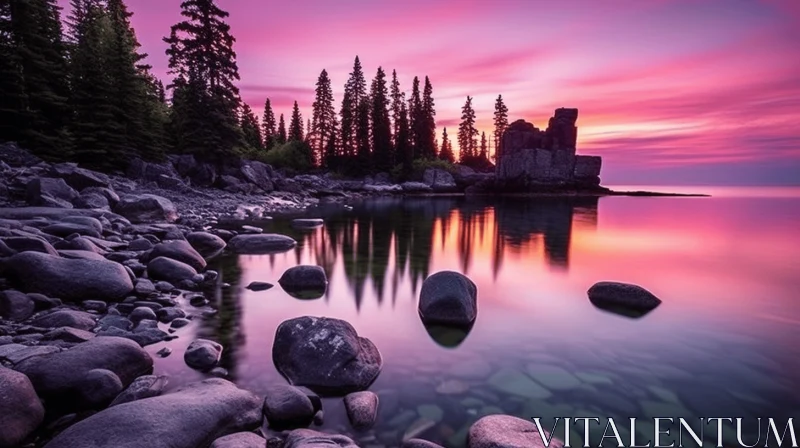Captivating Sunset at a Serene Lake with Rocks and Trees AI Image
