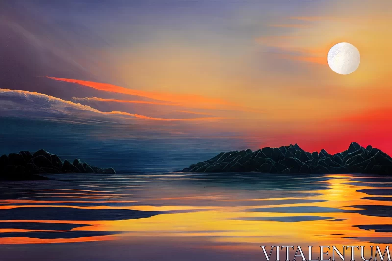 Captivating Sunset Painting | Digital Art | Tranquil Seascape AI Image