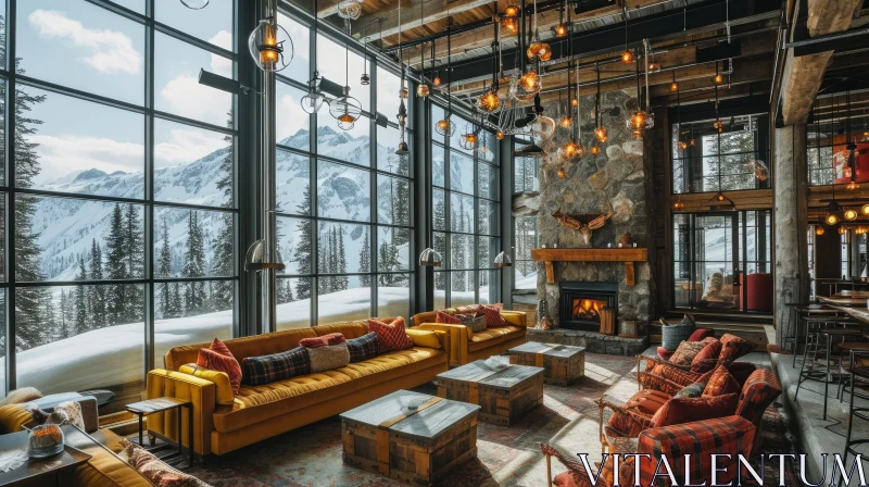 Cozy Rustic Living Room with Fireplace and Mountain View AI Image