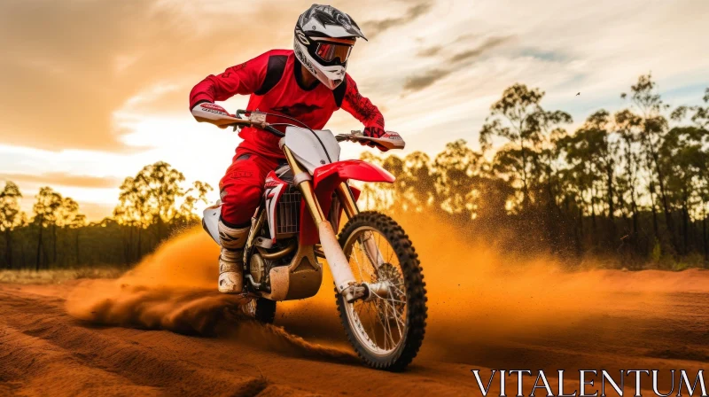 Dirt Bike Rider in Full Gear Riding Motorcycle in Sandy Area AI Image