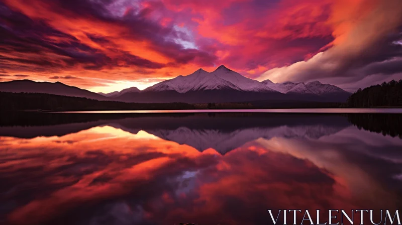 Fiery Red Clouds and Majestic Mountain Ridges Reflected in a Serene Lake AI Image
