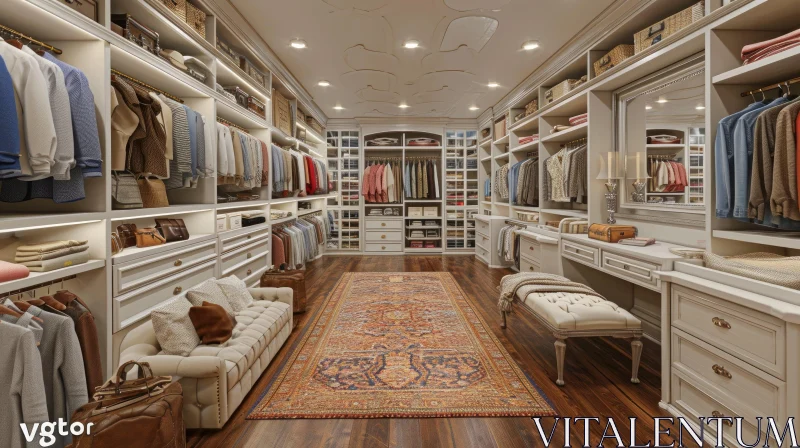 Luxurious Walk-in Closet with Custom-Built Cabinets and Island AI Image