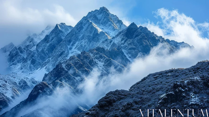 Majestic Snow-Capped Mountain Peak with Swirling Clouds AI Image