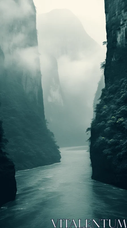 Serene River Flowing Beneath Towering Cliffs | Moody and Atmospheric Art AI Image