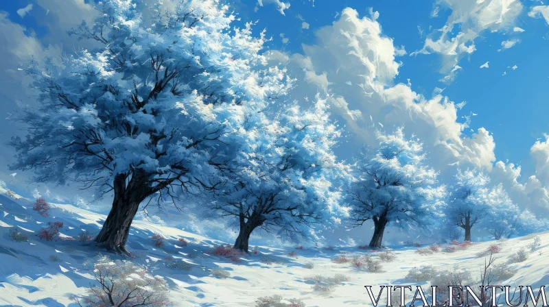 Winter Landscape: Snow-Covered Trees and Clear Blue Sky AI Image