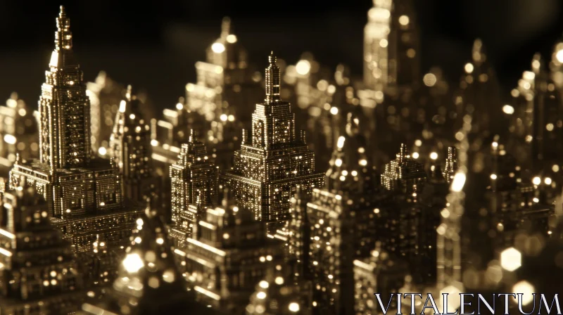 Close-up of a Golden City with Magical Lights AI Image