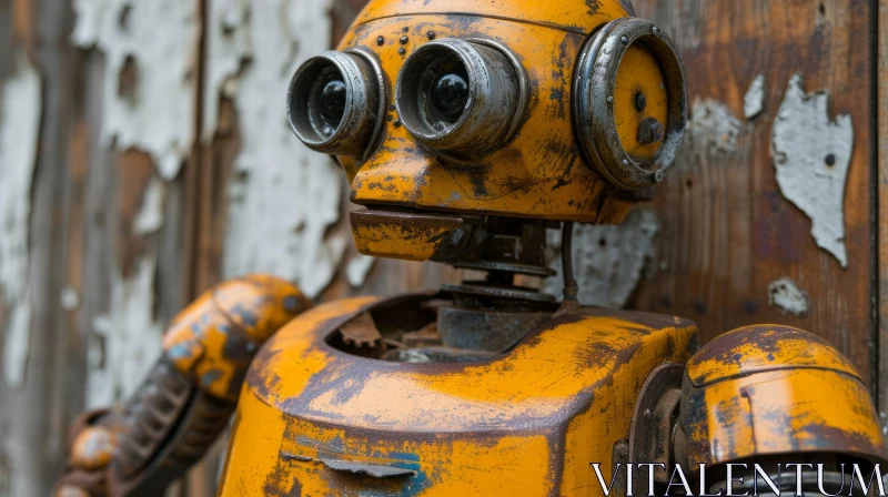 Close-Up Rusty Yellow Robot Standing in Front of Wooden Wall AI Image