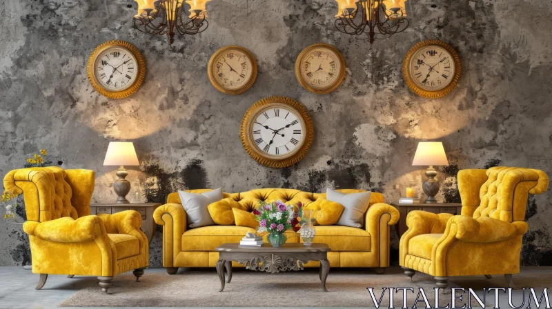Cozy Living Room with Yellow Armchairs and Stylish Clocks AI Image
