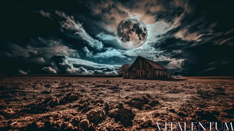 Dark and Moody Landscape with Full Moon Rising over a Barn AI Image