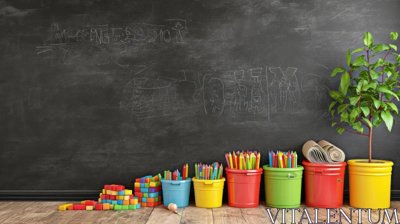 Enchanting Blackboard Composition with Colorful Buckets and a Potted Plant AI Image