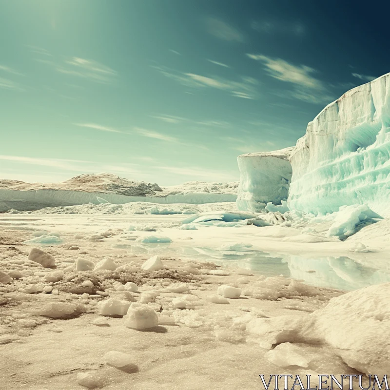 Ethereal and Dreamlike Ice Glacier in Desert on Deserted Island AI Image
