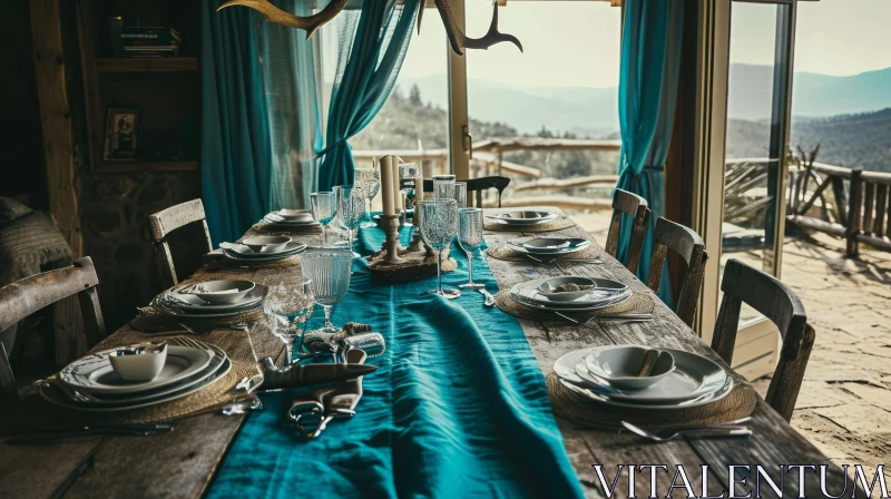 Feast on a Wooden Table with Turquoise Tablecloth AI Image