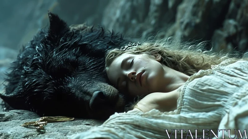AI ART Serene Connection: Woman Sleeping Beside Majestic Black Wolf