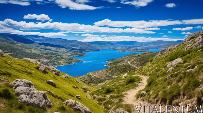 Serene Lake Surrounded by Grassy Hills | Vibrant Nature Landscape AI Image