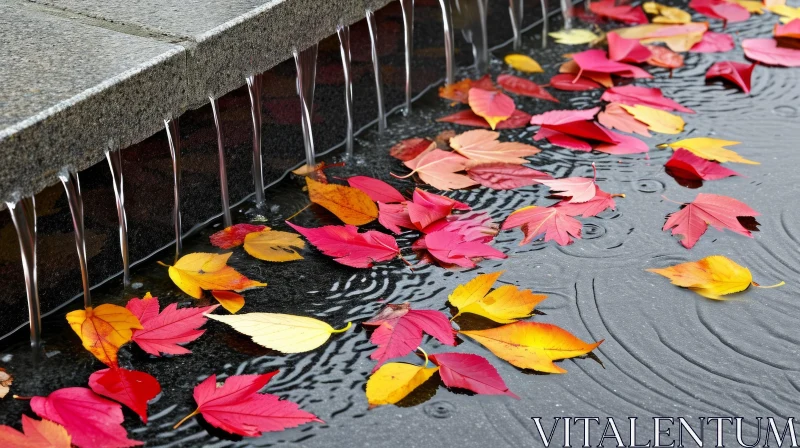 Serene Water Fountain with Fallen Leaves - Captivating Nature Image AI Image
