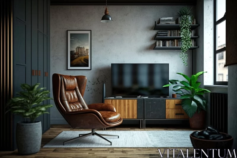 AI ART Vintage-Inspired Industrial Living Room with TV and Plants
