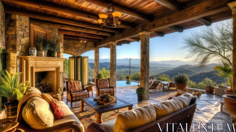 Luxurious Rustic Living Space with Fireplace and Mountain View AI Image