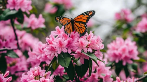 Monarch Butterfly on Pink Azalea Flowers