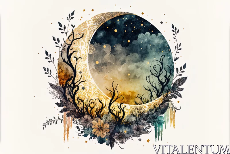 Moon and Trees Illustration - Colorful Watercolor Artwork AI Image