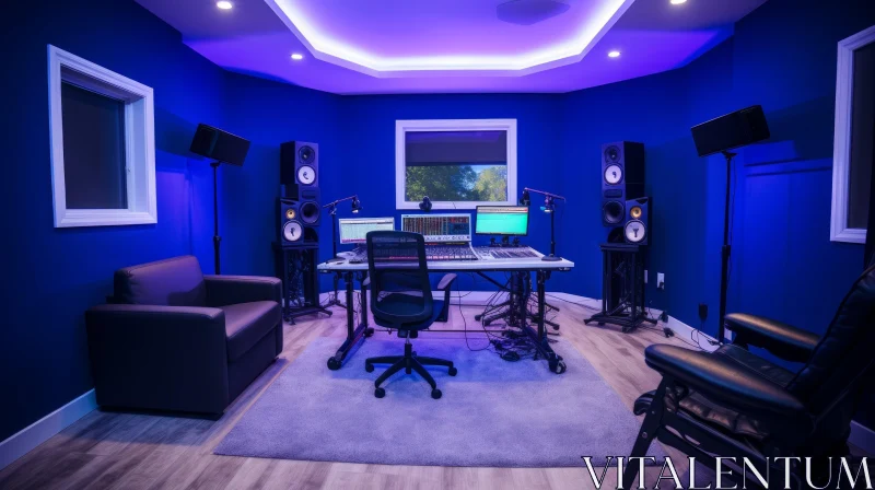 Professional Recording Studio with Blue Walls and Mixing Console AI Image