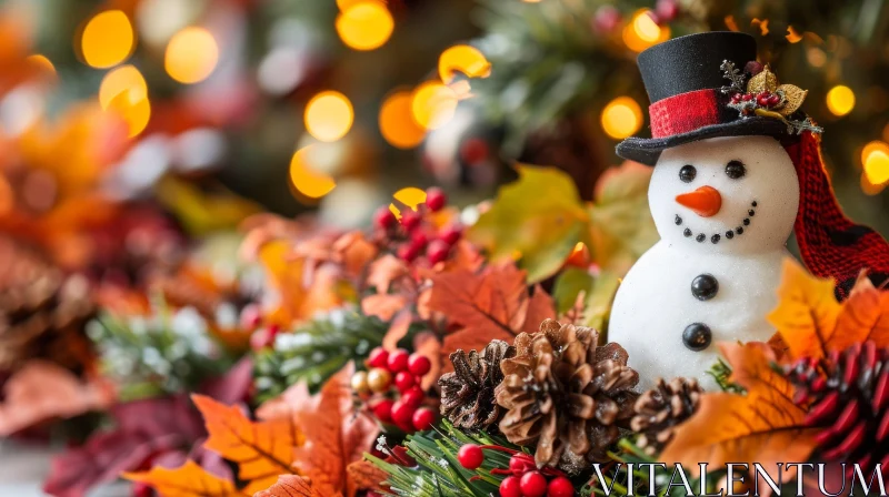 Snowman on Autumn Leaves and Pine Cones - A Winter Delight AI Image