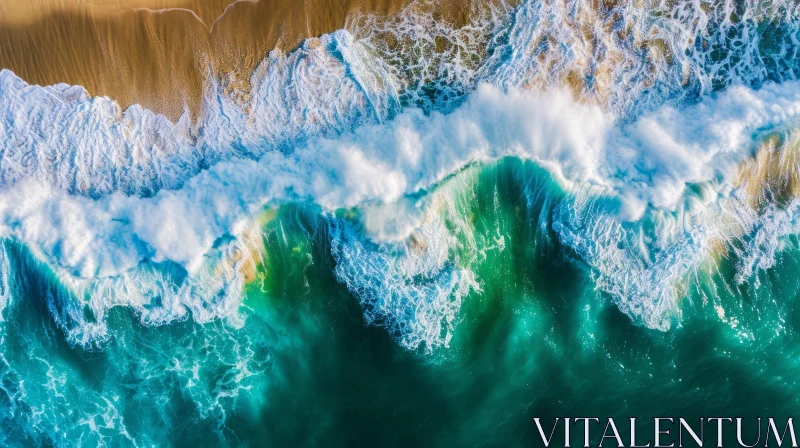 Aerial View of a Serene Beach with Crashing Waves AI Image