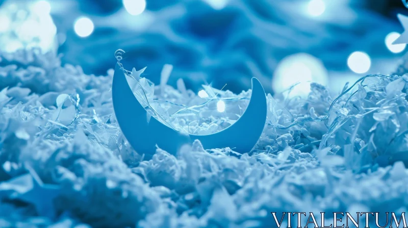 Blue Ceramic Crescent Moon on White Shredded Paper AI Image