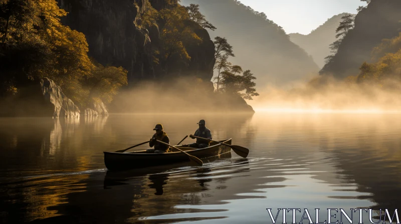 AI ART Canoeing in Nature: A Serene Journey Amidst Mist and Mountains