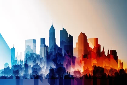 Colorful City Skyline Illustration in the Style of Layered Translucency