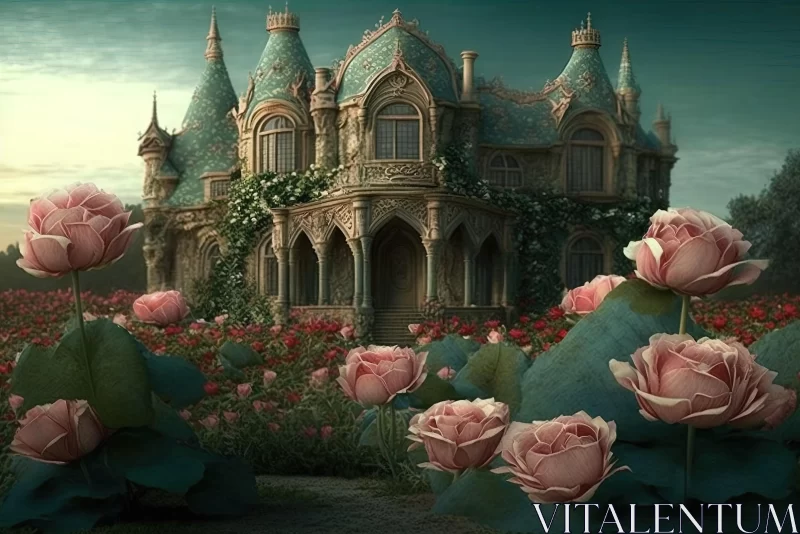 Enchanting Castle Surrounded by Pink Roses | Hyperrealistic Fantasy Art AI Image