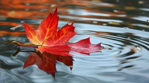 Enchanting Red Maple Leaf Floating on a Serene Lake