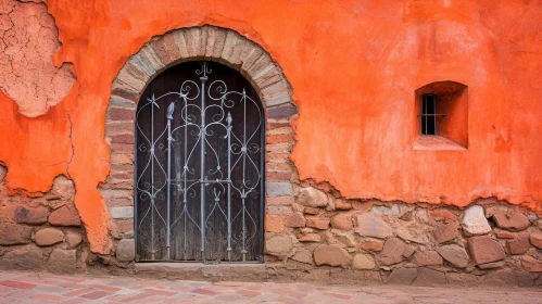 Enchanting Wooden Door with Metal Gate in Stone Wall