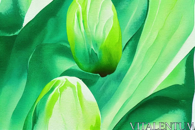 Exquisite Watercolor Painting of Green Tulips | Maranao Art AI Image