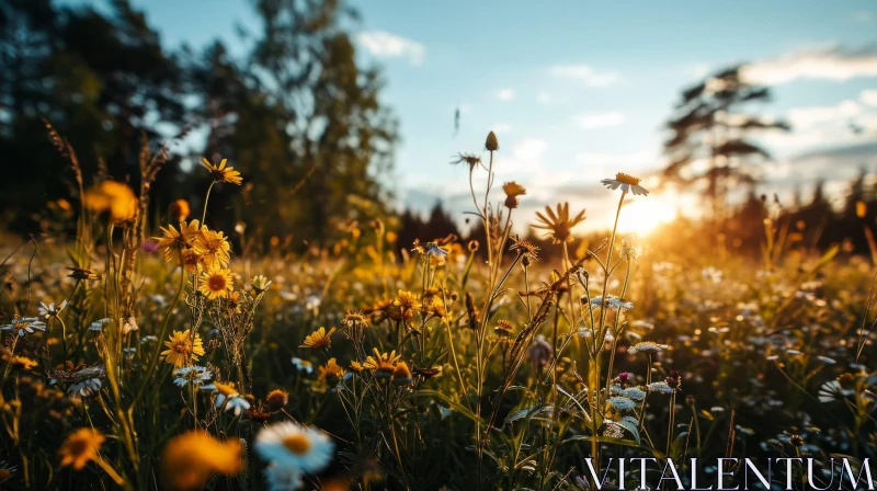 Field of Wildflowers at Sunset: A Serene and Beautiful Nature Scene AI Image