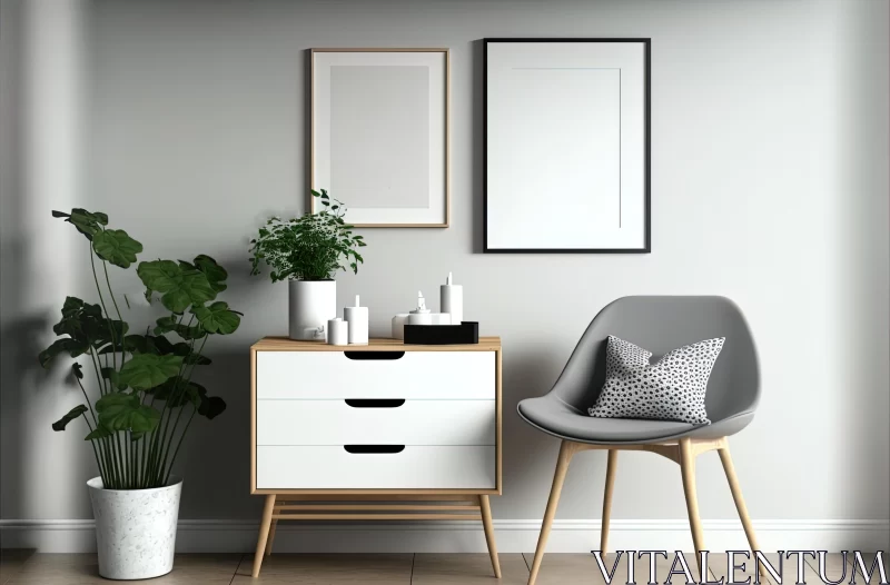 AI ART Minimalist Interior Design: Grey Framed Pictures and White Chair