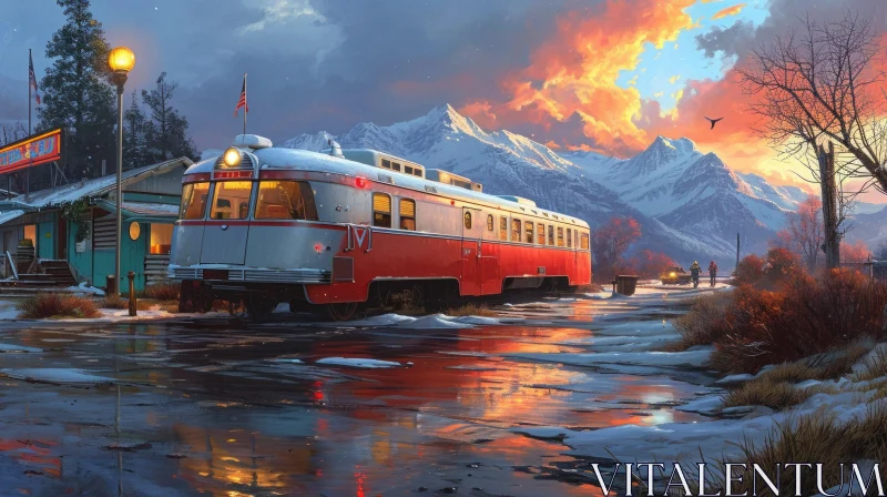 Tranquil Train Station Painting in the Majestic Mountains AI Image