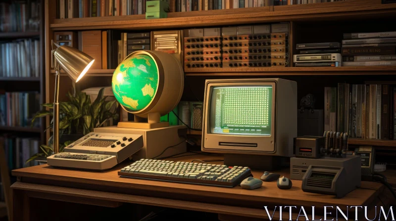AI ART Vintage Computer Setup on Wooden Desk | Home Office Decor