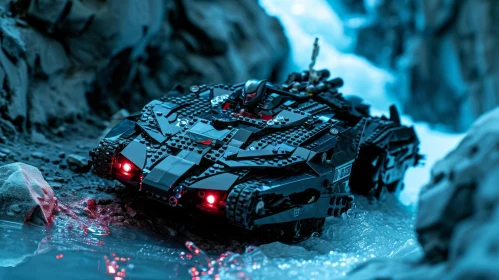Black Lego Batman Tumbler Driving through Snowy Landscape