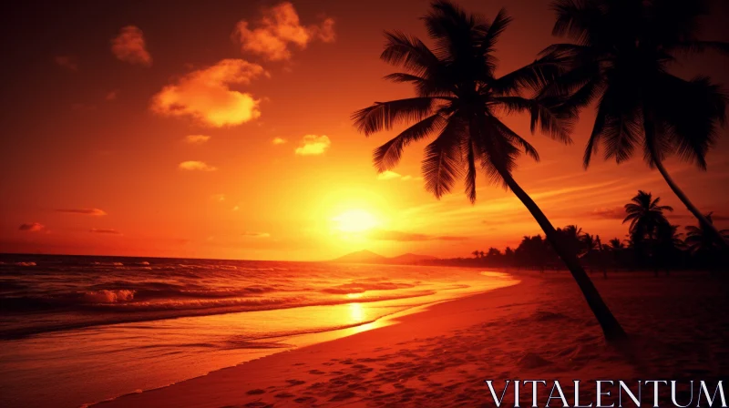 Captivating Sunset on a Sandy Beach with Palm Trees - Romantic Artwork AI Image
